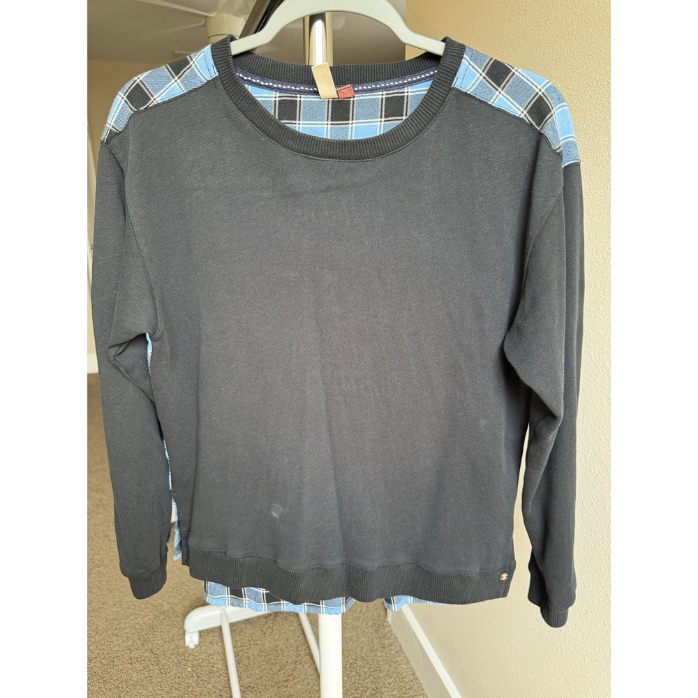 Pilcro x Anthropologie Contrast Flannel Plaid Sweatshirt Blue Black Womens S - Picture 2 of 9